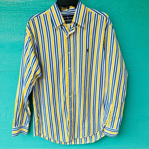 RALPH LAUREN VINTAGE HONG KONG NAVY YELLOW STRIPED BUTTON DOWN SHIRT SZ MEDIUM - Picture 1 of 5